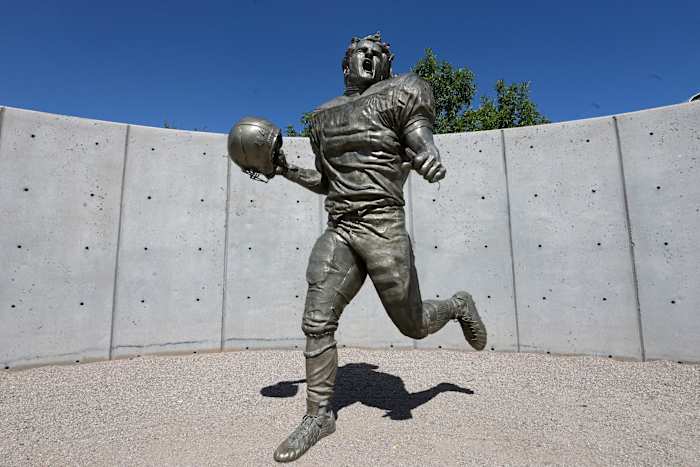 A statue dedicated to the memory of Pat Tillman is seen outside of the Cardinals’ stadium.